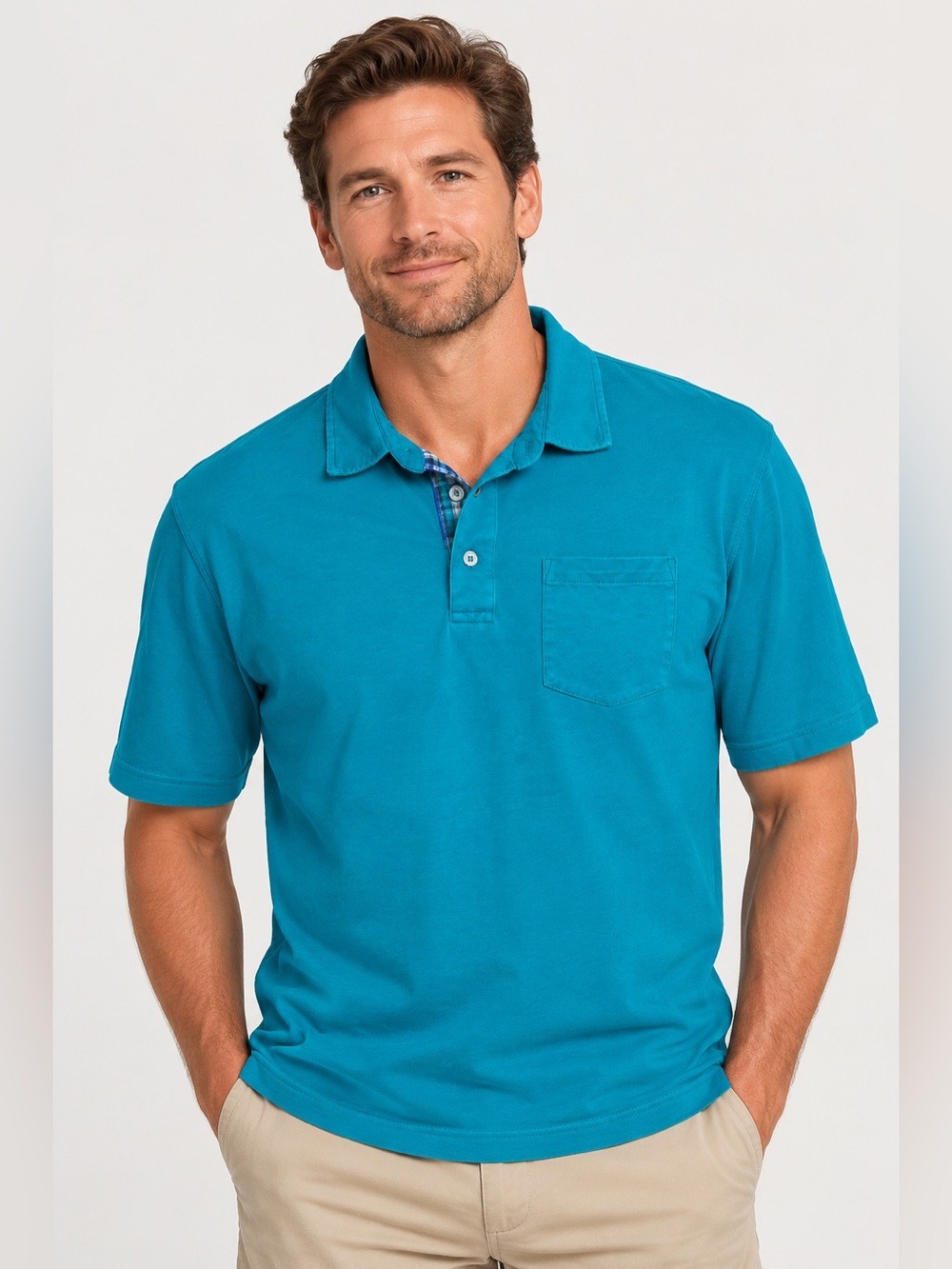 Lands’ End Short Sleeve Polo Shirt Contrast Plaid Collar Lining Men XL Teal